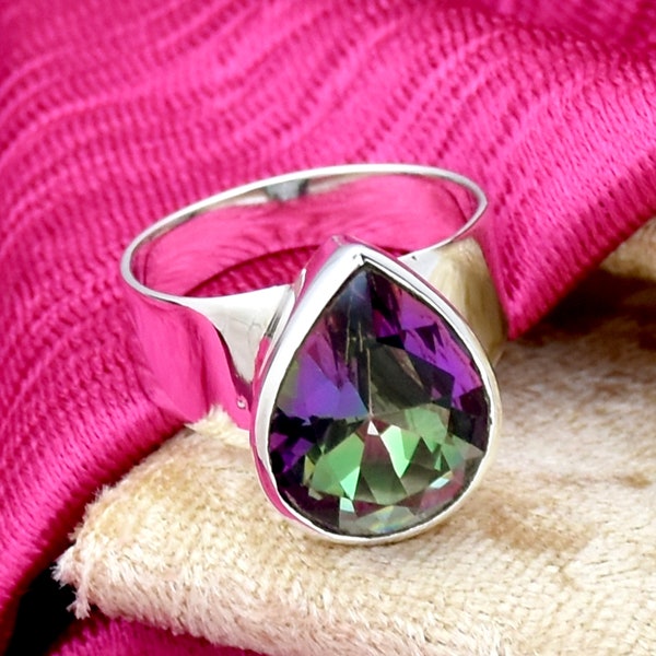 Mystic Topaz Ring, Sterling Silver Ring, Statement Ring, Teardrop Ring, Rainbow Fire Mystic Topaz Ring, handcrafted jewelry, Gift For Her