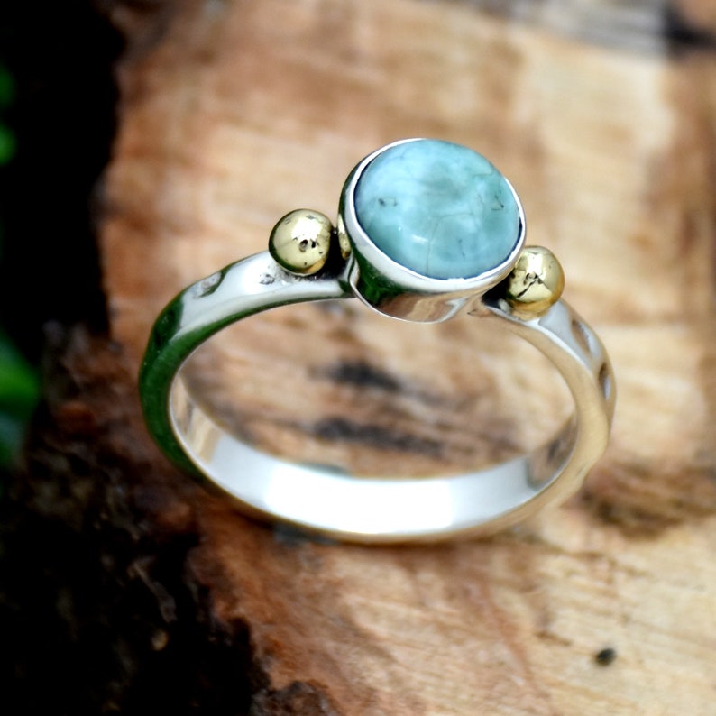 925 Sterling Silver Ring Larimar Ring Round Gemstone Ring Two Tone Ring Handmade Jewelry Anniversary Ring Gift For Her Hammered Ring