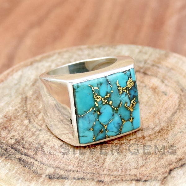 Blue Copper Turquoise Ring, 925 Sterling Silver Ring, Handmade Ring, Men's Ring, Boho Statement Ring, Anniversary Ring, Gift For Him