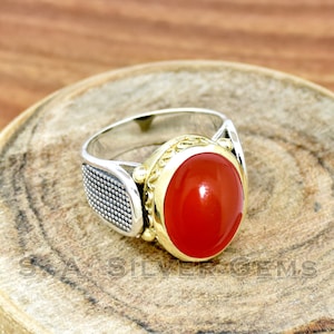 Anillo de ónix rojo hecho a mano: anillo bohemio de plata de ley 925 con dos tonos.