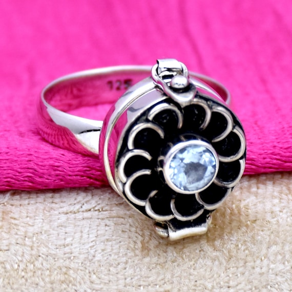 Bague Poison Imposante En Argent 925 Avec Topaze Bleue - Taille 53, Neuf Sans Emballage