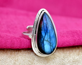 Handmade Teardrop Labradorite Ring: Adjustable 925 Sterling Silver Boho Ring