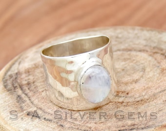 Natural Moonstone Ring, 925 Sterling Silver Ring, Wide Band Ring, Handmade Ring, Oval Gemstone Ring, Dainty Ring, Hammered Ring,Gift For Her