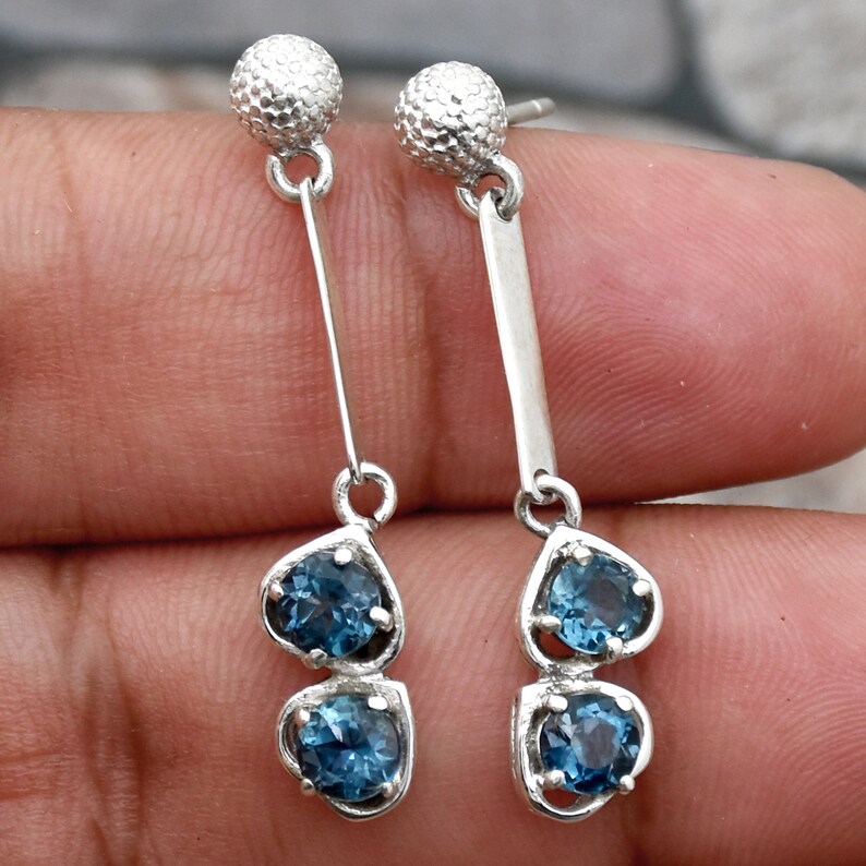 December Birthstone Silver Dangle Earrings Anniversary Gift For Her Handmade Earrings Dainty Earrings London Blue Topaz Earrings