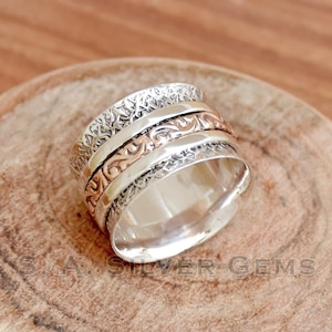 Spinner Silver Ring, Two Tone Ring, 925 Sterling Silver Ring, Handmade Spinner Ring, Meditation Ring, Texture Band Ring, Ring For Gift