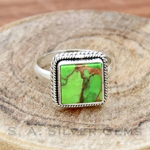 Green Copper Turquoise Silver Ring, Handmade Ring, 925 Sterling Silver, Dainty Ring, Boho Ring, Turquoise Ring, Anniversary Gift For Her