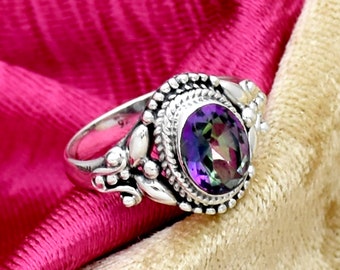 Handmade Oval Mystic Topaz Ring: Filigree 925 Sterling Silver Ring