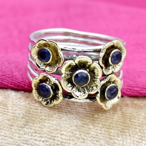 Handmade Iolite Flower Ring: 925 Sterling Silver Multi Band