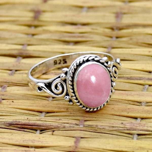 Anillo de ópalo rosa natural: joyería de filigrana de plata de ley 925