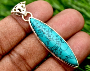 Blue Turquoise pendant, 925 Sterling Silver Pendant, Boho Statement Pendant, Handmade Pendant, Long stone pendant, Perfect Gift For Her