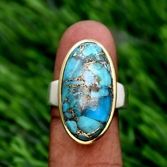 Blue Copper Turquoise Ring - .925 Sterling Silver Bold Statement Ring With Brass Accents