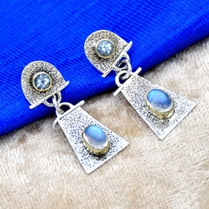 AAA Moonstone & Blue Topaz Earring, Sterling Silver, Natural Gemstone Handmade Earring, Birthstone Jewelry, Birthday Gift