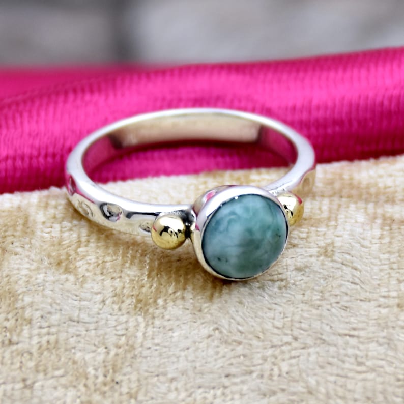 925 Sterling Silver Ring Larimar Ring Round Gemstone Ring Two Tone Ring Handmade Jewelry Anniversary Ring Gift For Her Hammered Ring