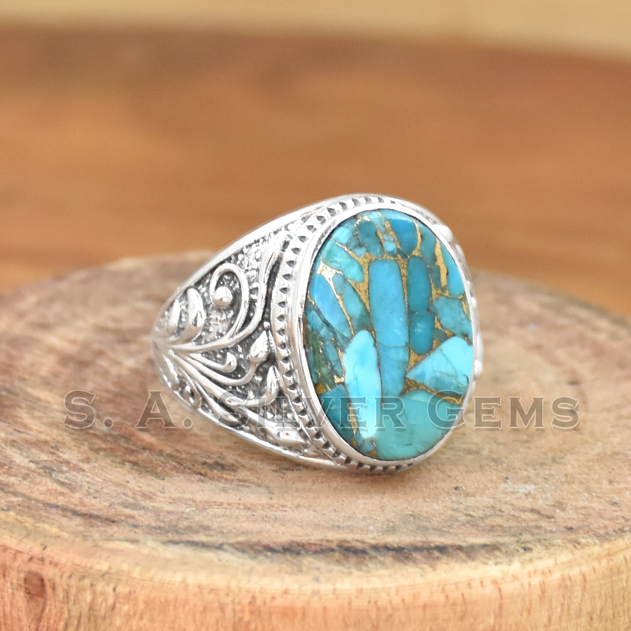 ブルーコッパーターコイズリング：925スターリングシルバー