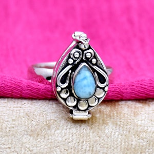 Natural Larimar Poison Ring, 925 Silver Ring, Secret Message Box Ring, Proposal ring, Statement Ring, Gorgeous Cabochon, Handmade Jewelry