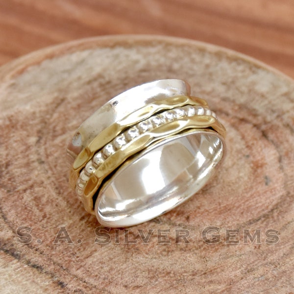 925 Sterling Silver Two Tone Spinner Ring: Hammered Meditation Band