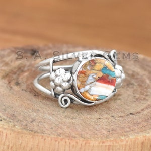 Oyster Copper Turquoise Ring, 925 Sterling Silver Ring, Oyster Turquoise Ring, Spiny Oyster Ring, Flat Stone Ring, Boho Ring, Women Ring