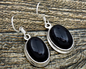 Black Onyx Dangle Drop Earrings: Handmade 925 Sterling Silver