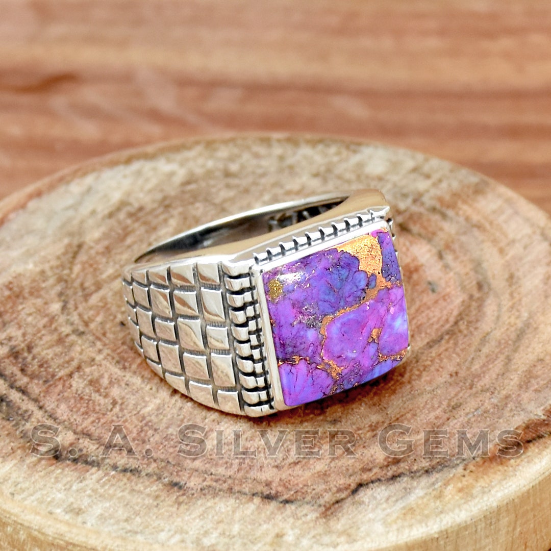 Purple Copper Turquoise Mens Ring, 925 Sterling Silver Men's Ring