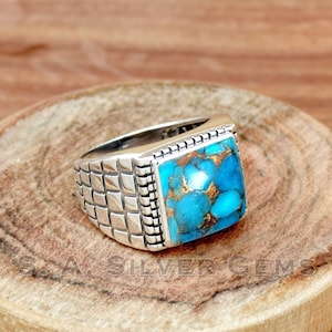 Blue Copper Turquoise Men&#39;s Ring, 925 Sterling Silver Men&#39;s Ring, Handmade Mens Ring, Blue Copper Turquoise Ring, Gemstone Men&#39;s Ring