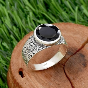 Schwarzer Onyx Ring, Herrenring 925 Sterling Silber, Handgemachter Herrenring, Natürlicher Edelstein Ring, Strukturierter Ring