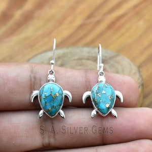 Blue Copper Turquoise turtle earrings, 925 Sterling Silver Earrings, Indian Earring, Handmade Earrings, Gemstone Earring, Earrings for girls