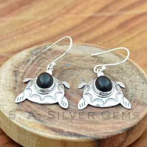 925 Sterling Silver Turtle Earrings: Black Onyx Gemstone Studs