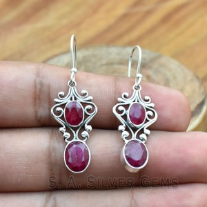 Handmade Filigree 925 Sterling Silver Indian Ruby Dangle Earrings