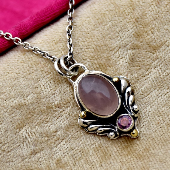 Handmade Rose Quartz Necklace: 925 Sterling Silver, Pink CZ