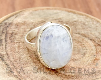 Anillo de piedra lunar arcoíris en plata de ley 925: joyería bohemia con piedras preciosas