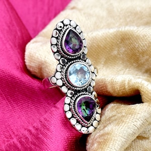 Blue Topaz and Mystic Topaz Ring, 925 Sterling Silver Ring, Handmade Ring,  Multi Stones Ring, Filigree Ring, Handmade Jewelry Gift For Her