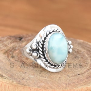 Natural Larimar Ring: Handmade 925 Sterling Silver Boho Jewelry