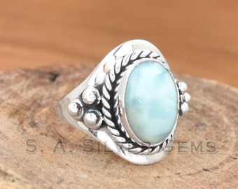 Natural Larimar Ring: Handmade 925 Sterling Silver Boho Jewelry