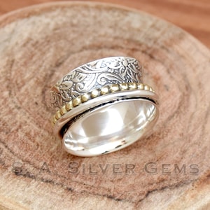 Spinner Ring, Handmade Two Tone Ring, Texture Ring Wide Band Ring, Dainty Ring, Women Ring, Anniversary Ring, Christmas Gift, Gift For Her