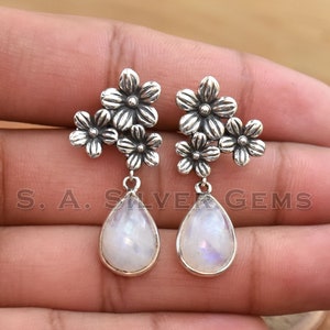 Regenbogen Mondstein Ohrring, 925 Sterling Silber Ohrring, handgemachte Edelstein Ohrring, Boho Silber Ohrring, Bolzenohrring, Hochzeits Schmuck