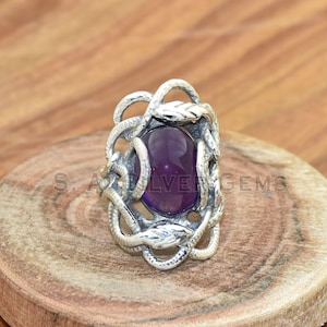 Handgemaakte 925 sterlingzilveren slangenring: statement ring amethist edelsteen