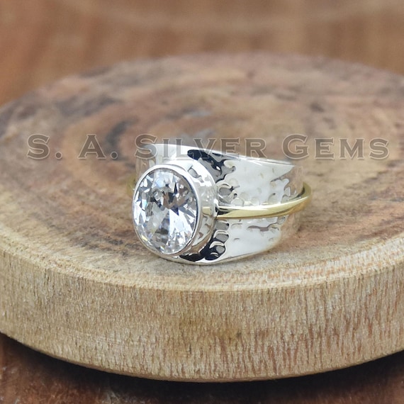 Cubic Zircon 925 Sterling Silver Ring, Two Tone Hammered Wide Band
