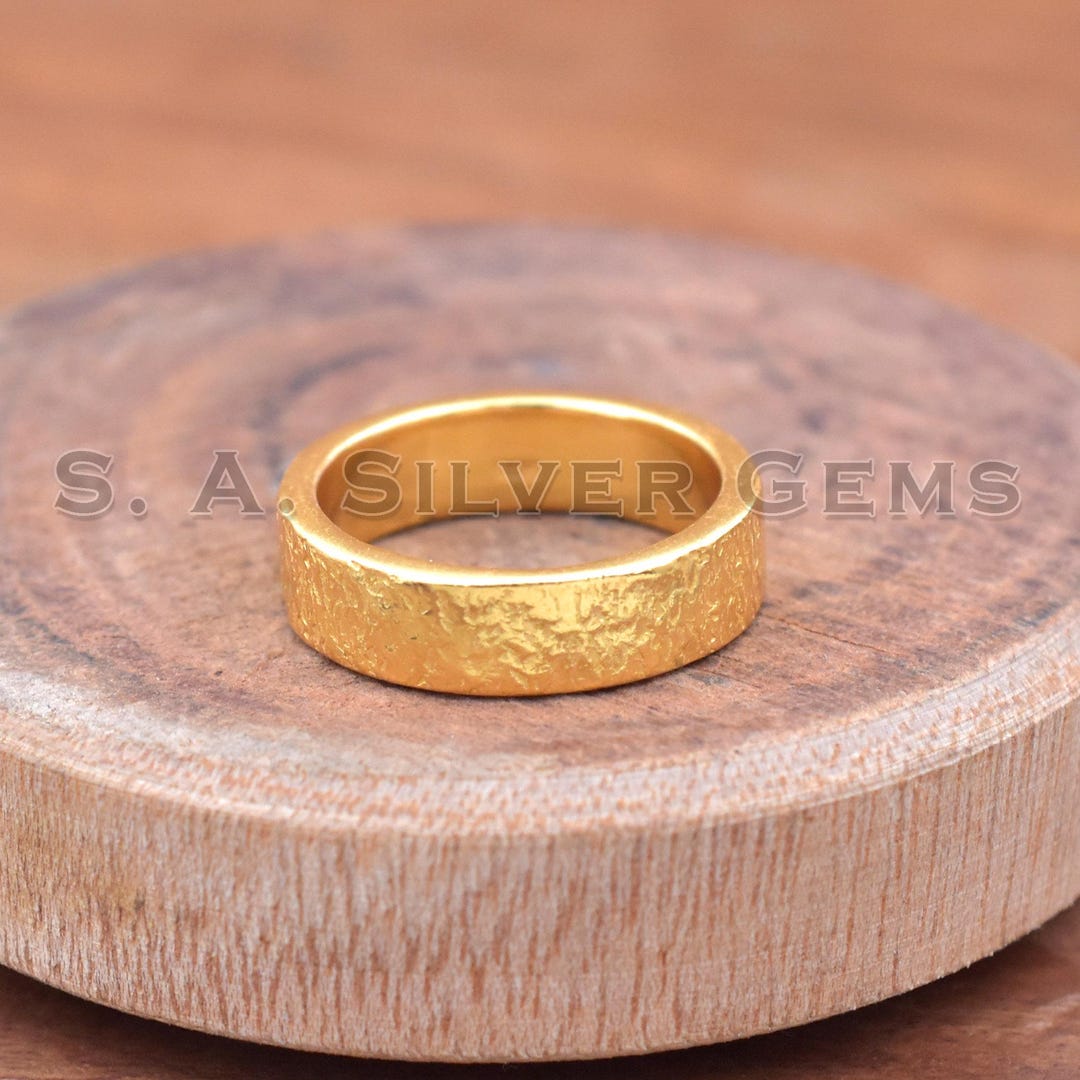 925 Sterling Silver Gold Vermeil Ring, Hammered Texture Band for Gift ...