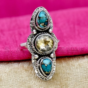 Blue Copper Turquoise Ring, 925 Sterling Silver Ring, Citrine Ring, Handmade Ring, Filigree Ring, Adjustable Ring Gift For Her Ready To Ship