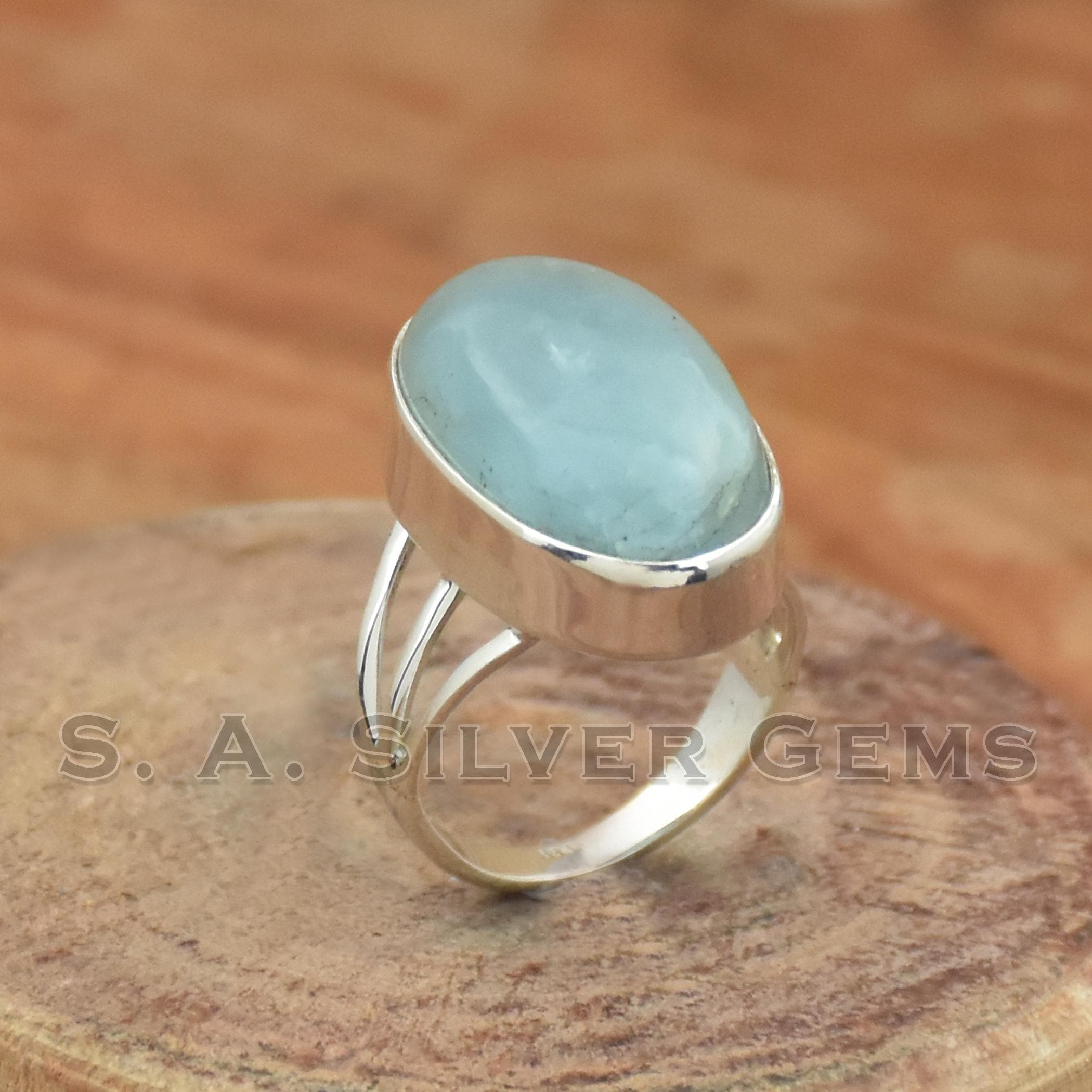 天然アクアマリン925スターリングシルバーリング：ハンドメイド