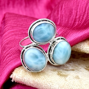 Natural Dominican Larimar Ring, 925 Sterling Silver Ring, Handmade Ring, Three Stone Ring, Bohemian Ring, Statement Ring, Ready To Free Ship