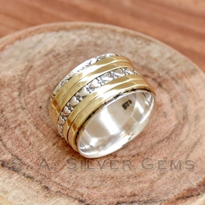 Spinner Silver Ring, Two Tone Ring, 925 Sterling Silver Ring, Hammered Spinner Ring, Meditation Ring,  Heart Designer Band Ring Gift For Her