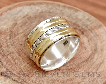 Hammered 925 Sterling Silver Spinner Ring: Two-Tone Heart Band