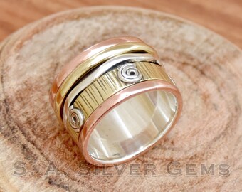 Handmade 925 Sterling Silver Spinner Ring: Three-Tone Meditation Band