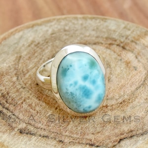 Natural Larimar Silver Ring, 925 Sterling Silver Ring, Thin Band Silver Ring, Anniversary Gift, Wedding Ring, Handmade Jewelry For Her