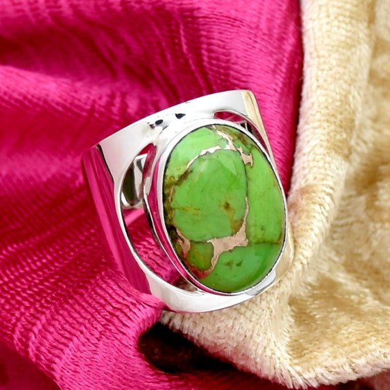 Bague Turquoise Ovale En Argent 925 Et Cuivre Vert - Cadeau De Noël, Pierre Verte Cabochon