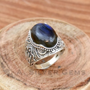 Bague labradorite naturelle, bague pour homme en argent sterling 925, bague de méditation, bague bohème, bague de créateur, bague faite main, bague en argent, bague pour homme