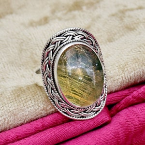 Golden Rutile 925 Sterling Silver Ring, Handmade Silver Ring, Bohemian Ring, Fligree Ring, Rutile Quartz Ring For Her, Natural Gemstone Ring