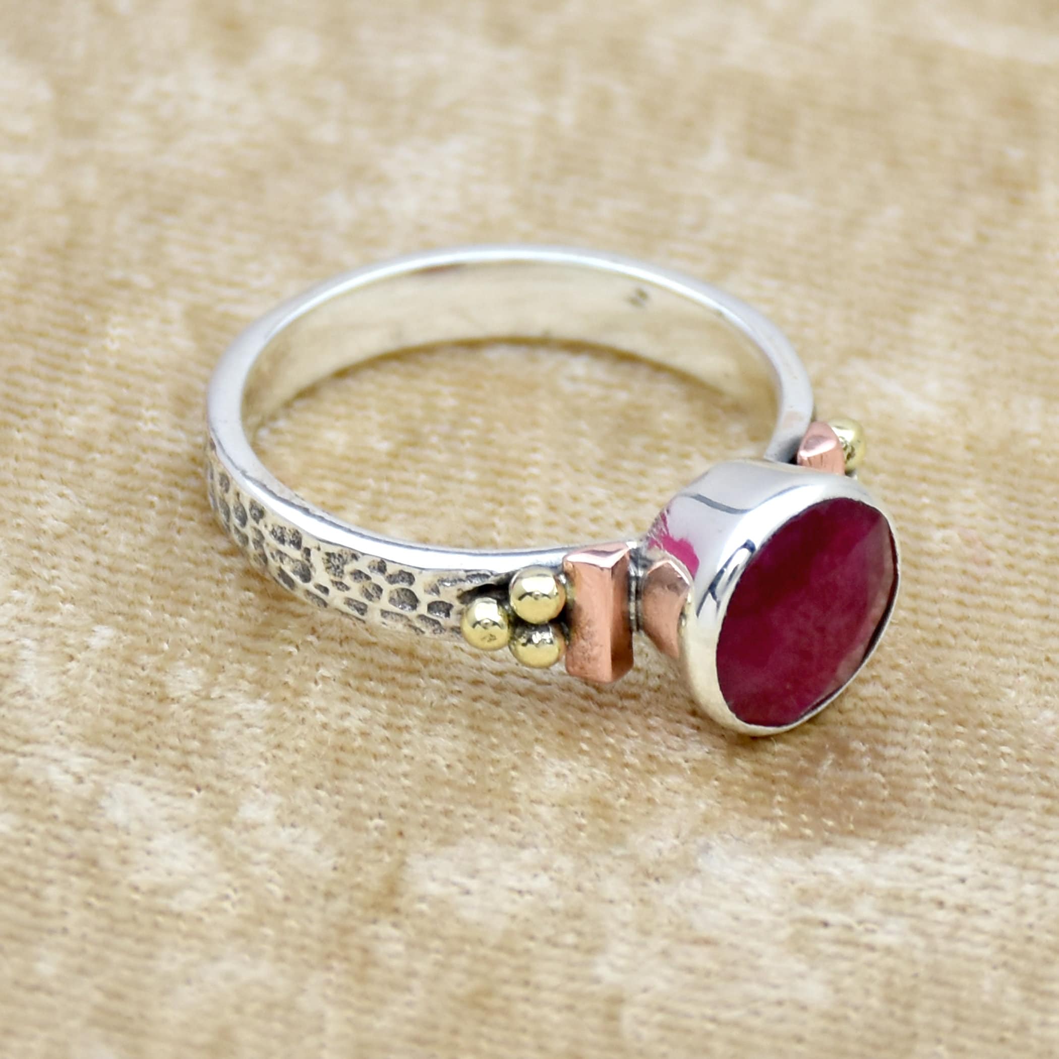 Handmade Indian Ruby Ring: Hammered 925 Sterling Silver Bohemian Ring