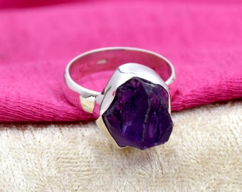 Raw Amethyst Ring, 925 Sterling Silver Ring, Handmade Ring, Purple Amethyst Ring, Rough Gemstone Ring, Wedding Ring, Anniversary Ring Gifts.